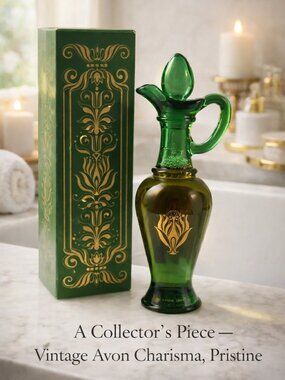 Avon Charisma Green Glass Bath Oil Urn 9” NIB Vintage Gold Motif Collectible